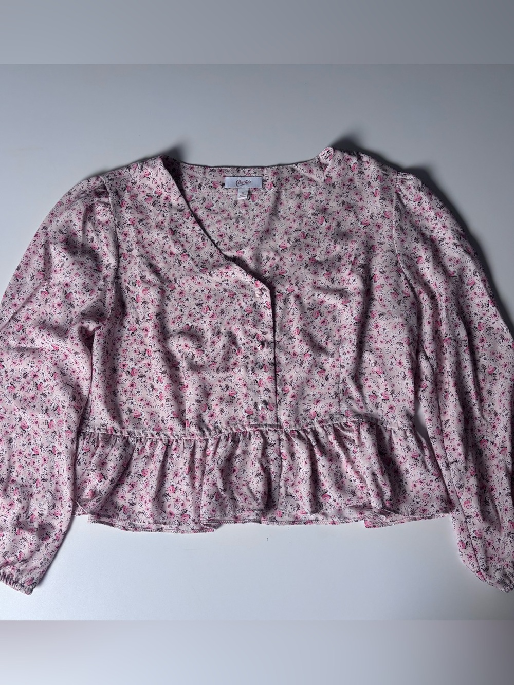 Candie’s Cottagecore Pink Floral Button-Front Peplum Blouse - Size S